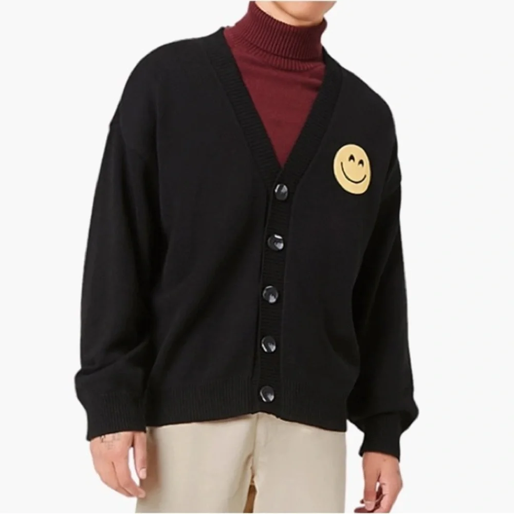 Forever 21 Cotton Blend Black Knit Buttoned‎ Smile Face Mens Cardigan M